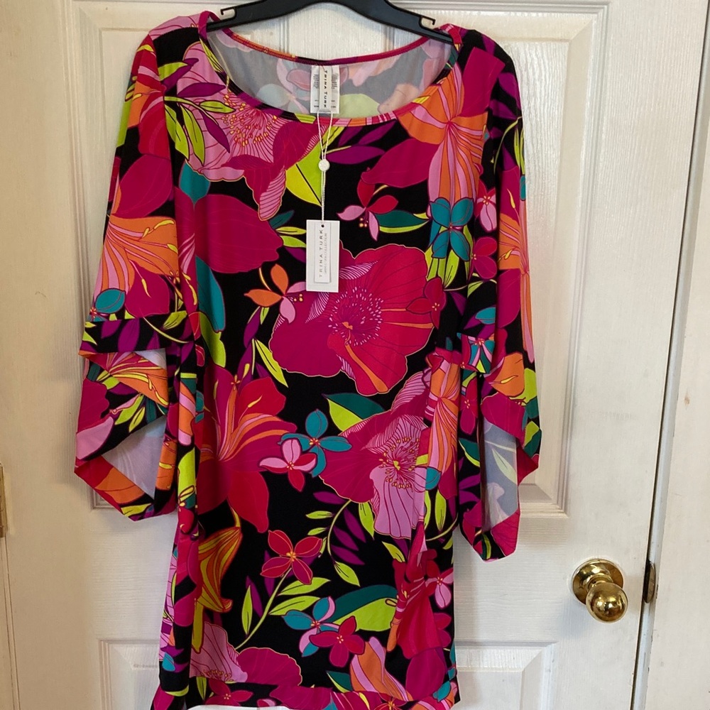 Trina Turk Bright Pink, Turquoise & Black Floral Swimwear Coverup